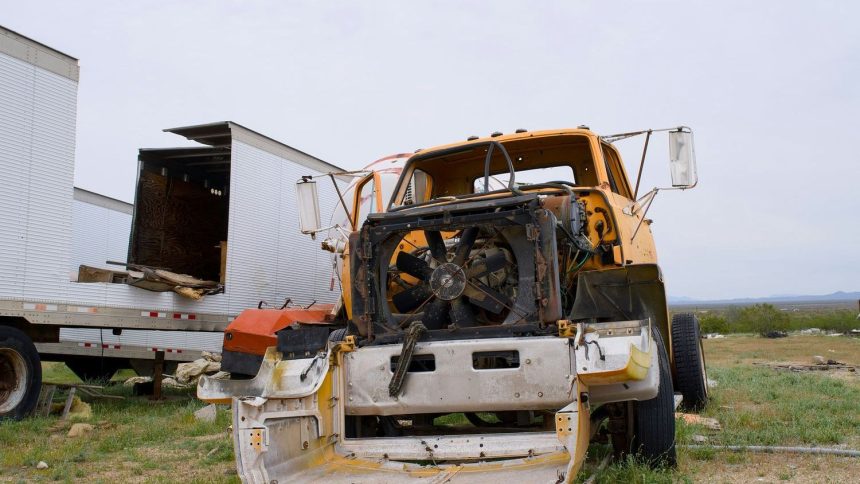 Driver pinned after semi-truck overturns in central Las Vegas