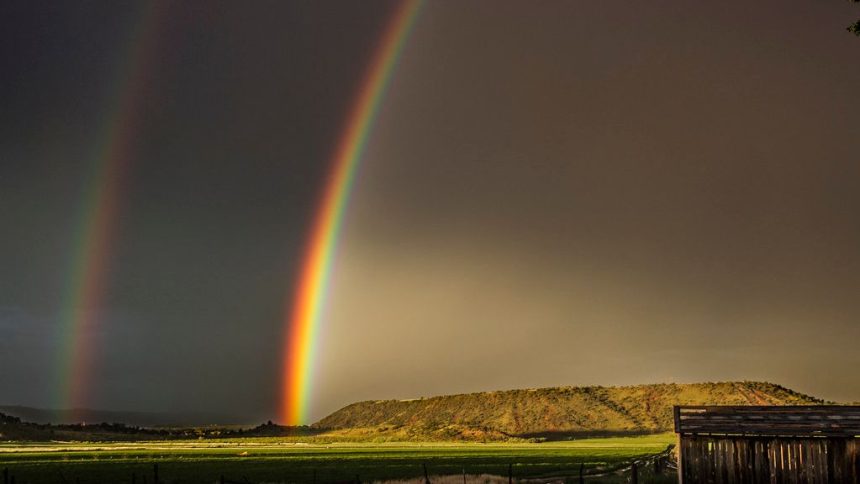 Tried to catch yesterday's rainbow when lightning (graciously) photobombed my iPhone shot [OC]